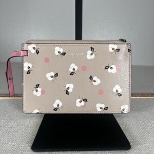 Kate Spade Cameron Floral Wristlet Wallet Beige Pink Leather Zip Clutch Large